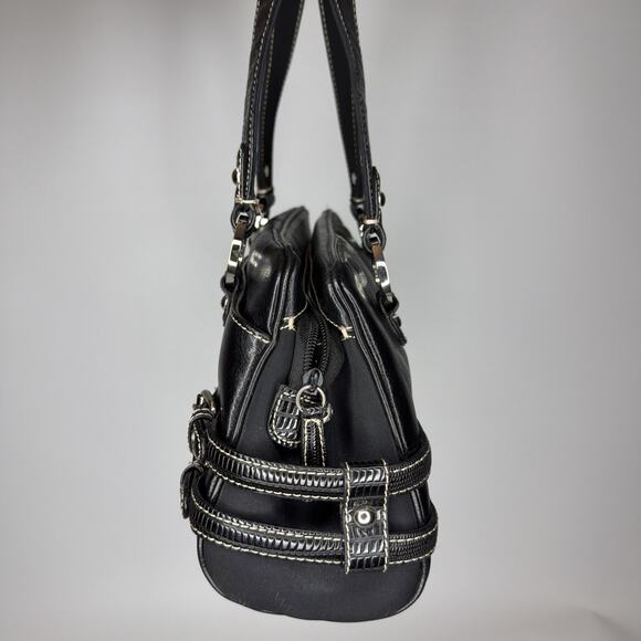 Franco Sarto Purse Black Leather Satchel Hand Shoulder Bag Buckles CUTE - Picture 3 of 16